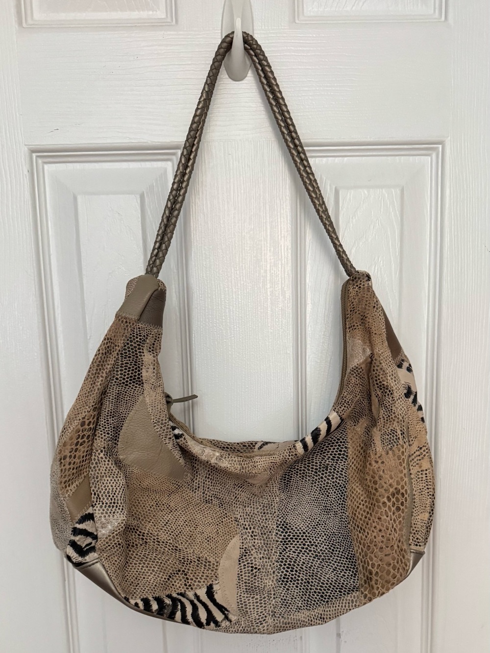Braided-Handle Beige Animal-Print Shoulder Bag